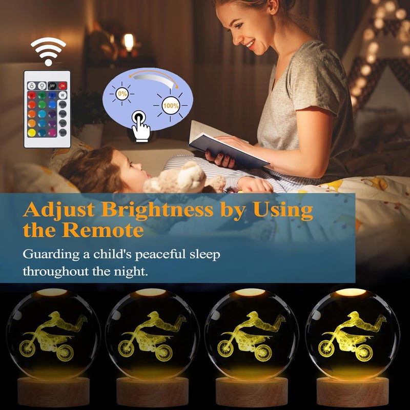 Posshe Dirt Bike Night Light, Dirt Bike Gifts, 3D Crystal Ball Dirt Bike Lamp with Remote Upgraded 3.15 Inch with 16 Color for Birthday Xmas Cool Figurines Motor Bike Gifts for Room Decor Boys Girls - Image 3
